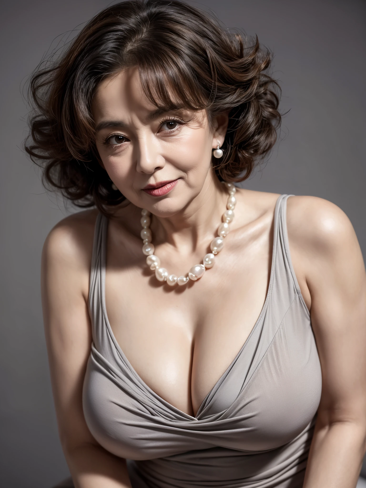 Beautiful elderly woman, cute,sexy,55 years old,,sexy,Wear a pearl necklace, old woman,Big saggy  Breasts, Curly Hair, plain grey background