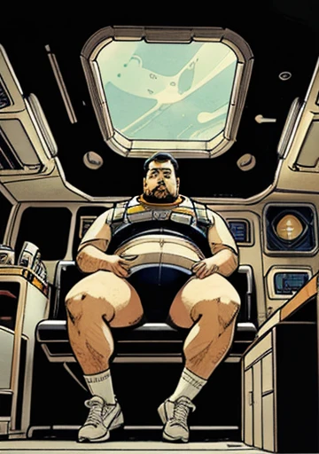 The captain of the astronauts is a plump, chubby man, extremely thick thighs, a large belly, fat. Passing inside the spaceship laboratory, Ele está segurando ferramentas para consertar algo. Está em um quarto futurista