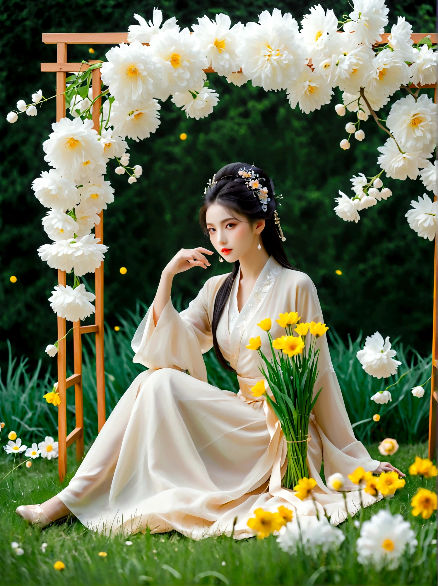 spring,1girl,((beautiful eyes)),((Perfect and refined limbs)),Sitting,在Grass地上,tent,flower,outdoor,Tree,landscape,daytime,Sky,cloud,Grass,橙flower,白flower,nature,Vague,红flower,(masterpiece,Best quality:1.2),lifelike,Reality,梦幻般的Light芒,错综复杂的detail,Ultra Detailed,detail,High contrast,美丽细致的Light芒,Bright,更多detail,精细发Light,very fine 8K CG wallpaper,Depth of Field,Abuse of color difference,Soft colors,非常精致的Light线,眩Light,Light,Light粒子,reflection,