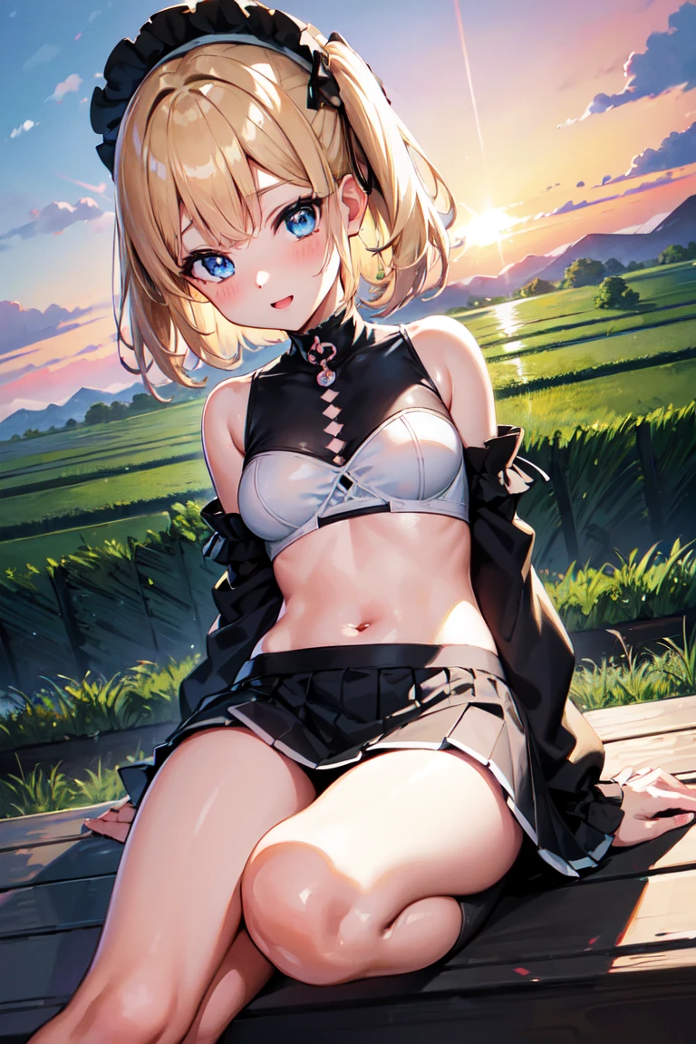 Absurd, Ultra-detailed,Bright colors, Very beautiful and detailed anime faces and eyes, View from the front, ;d, Shiny_skin,Age 25, , Sheer white 、Black socks、Checkered skirt Stylish bra、short hair, , Asymmetrical bangs, Blonde hair in short pigtails, Shiny髪, Boobs  Delicate Beautiful Face, blush、(Deep blue eyes:1.3)、evening、There are many rice fields, Sunset over many fields、Orange View、Small Necklace、