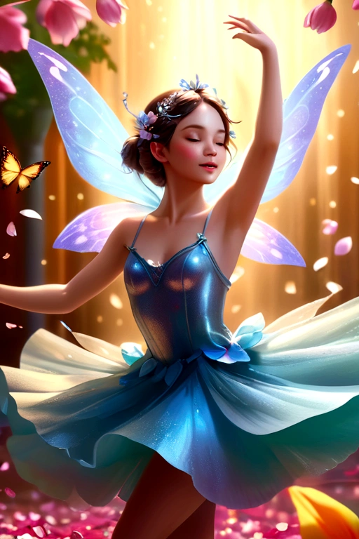 a dancing fairy on flower petals, ethereal, whimsical, delicate, colorful, magical, dynamic movement, intricate details, (best quality,4k,8k,highres,masterpiece:1.2),ultra-detailed,(realistic,photorealistic,photo-realistic:1.37),cinematic lighting,vibrant colors,fantasy art,digital painting,highly detailed face and body