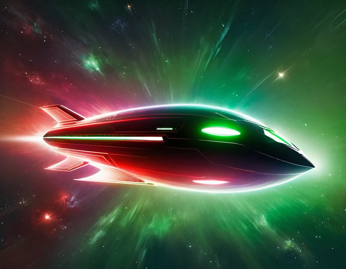 An advanced starship traveling through space, set against a gradient sky of dark green to red with tiny stars. The ship’s sleek design includes a prominent circular front, elongated body, and nacelles, with a metallic finish and bright lights accentuating its futuristic look.