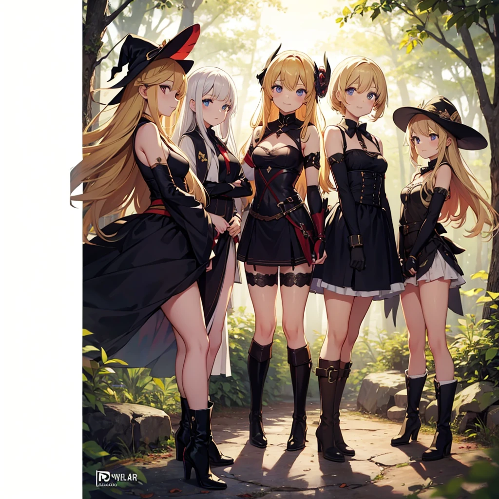 a group of beautiful witch girls in the middle of a forest in the night, tribal tattoo ,multiple girls , blonde hair , standing girl young girl, gloves, elbow pads, boots, smiles, small breasts,