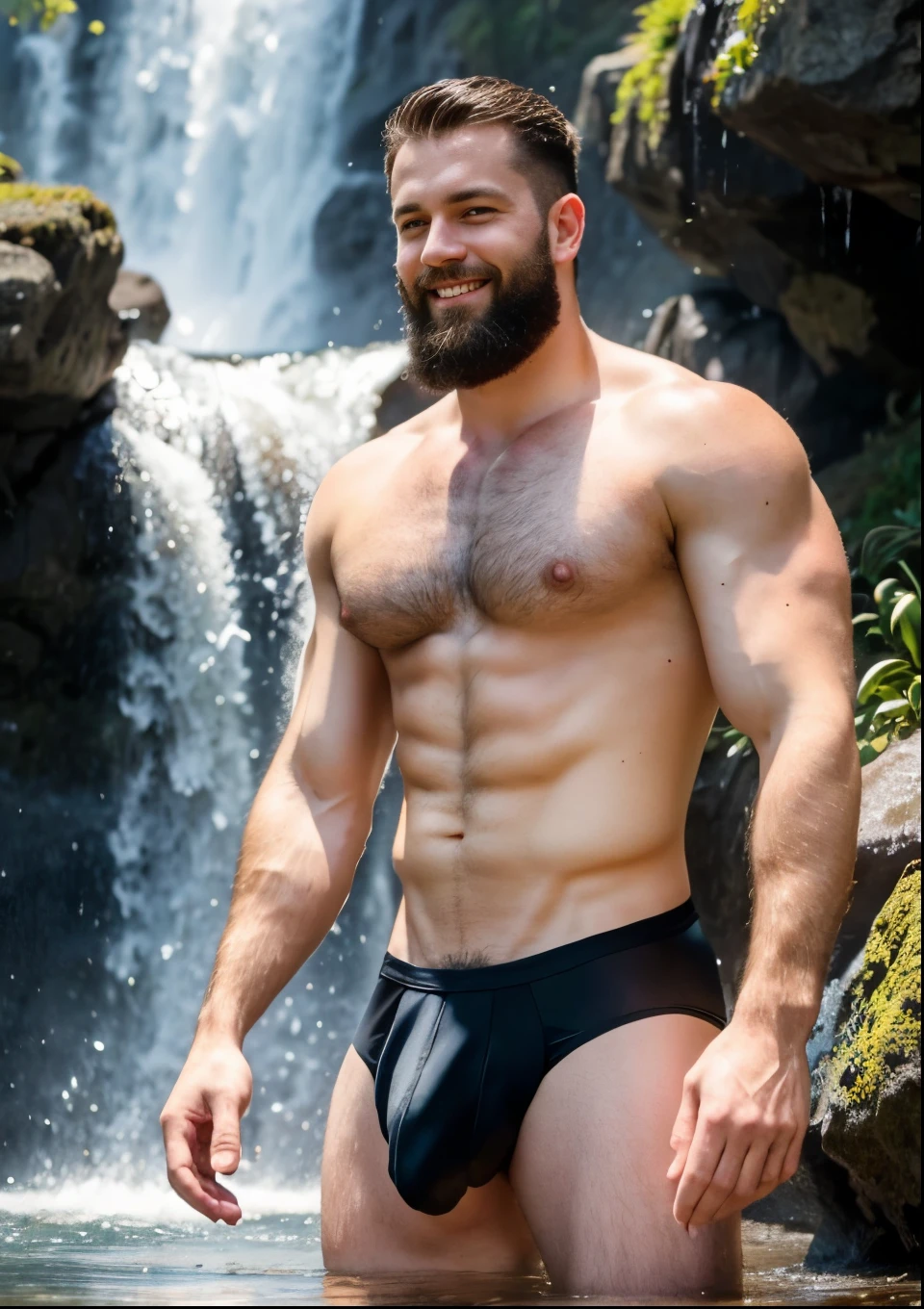 realistic photo of a caucasian white man, short hair, perfect face, beard, black hair perfect and handome man, in a waterfall, with crystal clear waters, dew sun, beautiful and perfect body, sunhine, tall, full black color of male briefs boxer full black, biggest bulge, shirtless, short beard, short straight hair, full 4k , big smile, happy