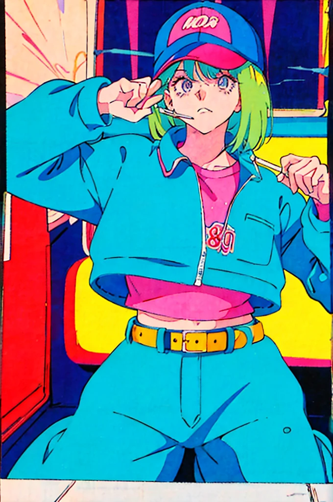 Woman in baseball cap,He is holding up a cigarette and smoking.。, Anime atmosphere of the 80s, 90s anime style, 90s anime style, 80s anime style, In 80s anime art style, 90s anime art style, Anime atmosphere, 80s anime art style, 1980's anime style,Neon Light