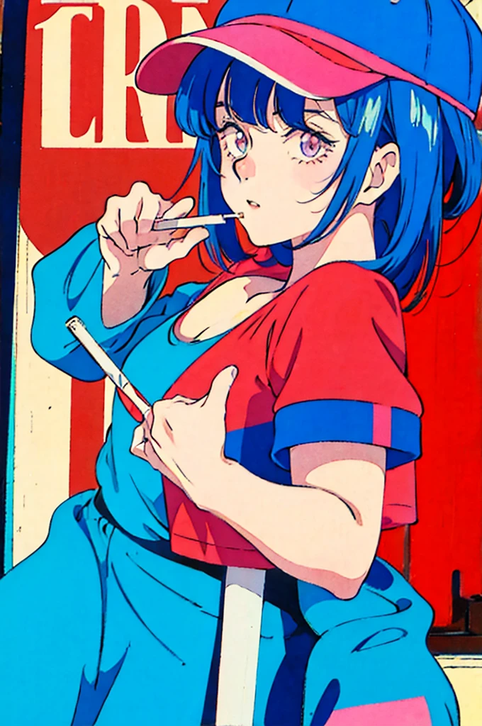 Woman in baseball cap,He is holding up a cigarette and smoking.。, Anime atmosphere of the 80s, 90s anime style, 90s anime style, 80s anime style, In 80s anime art style, 90s anime art style, Anime atmosphere, 80s anime art style, 1980's anime style,Neon Light