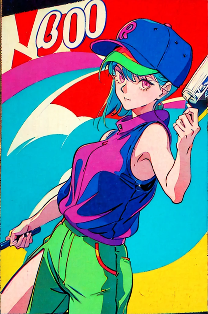 Woman in baseball cap,He is holding up a cigarette and smoking.。, Anime atmosphere of the 80s, 90s anime style, 90s anime style, 80s anime style, In 80s anime art style, 90s anime art style, Anime atmosphere, 80s anime art style, 1980's anime style,Neon Light