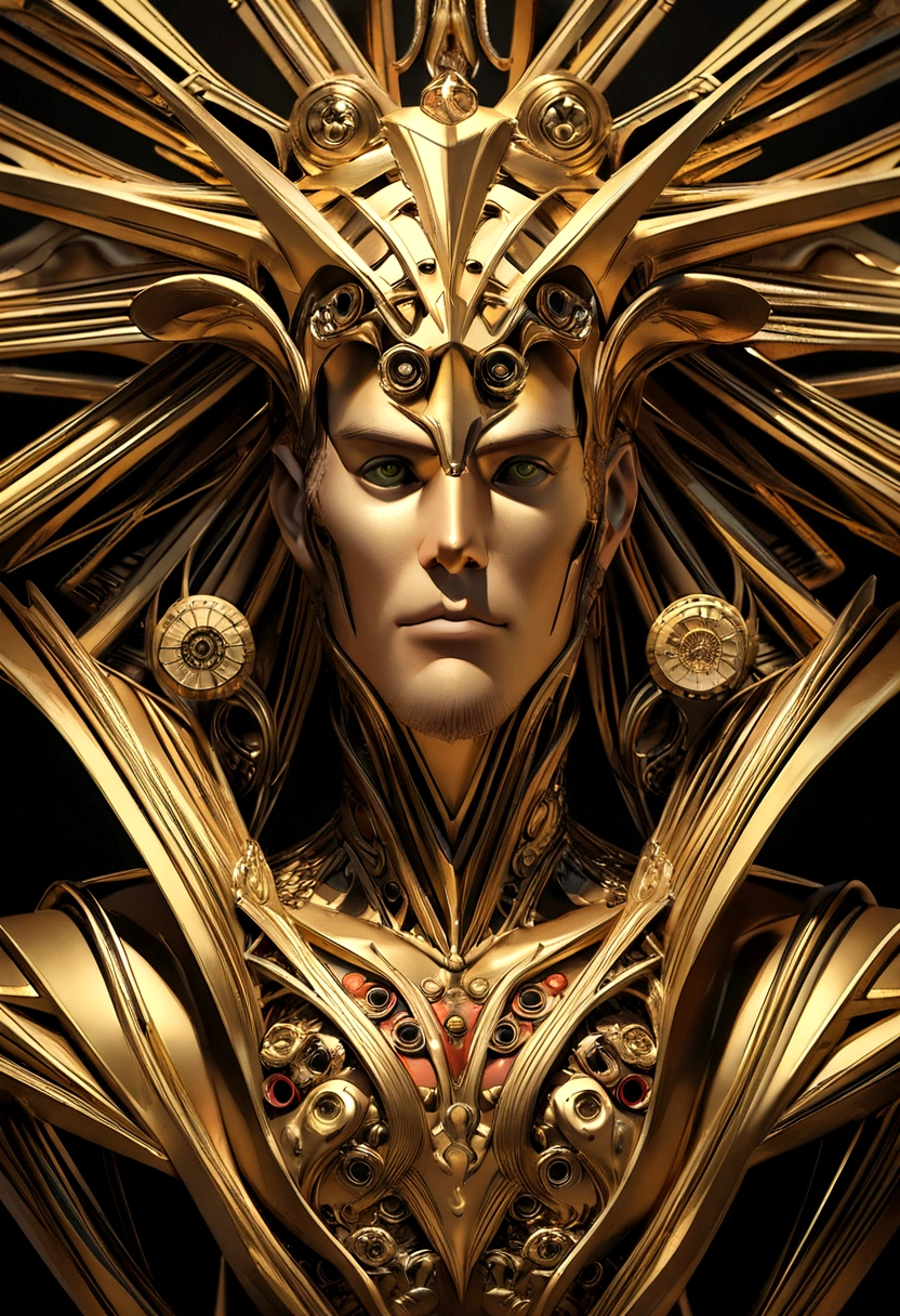 A centered profile of a 3D statue of a MAN with a topper with gears on it facing right, sharp jawline and chin, well-defined facial structure, styled stubble with metalic facial hair made of different sized metal gears, well designed golden eyebrows, digital art inspired by Hedi Xandt, trending on zbrush central, kinetic art, vintage, steampunk, gold with green veins, metallic background, open copy space, textured skin, super detail, high details, high quality, award winning