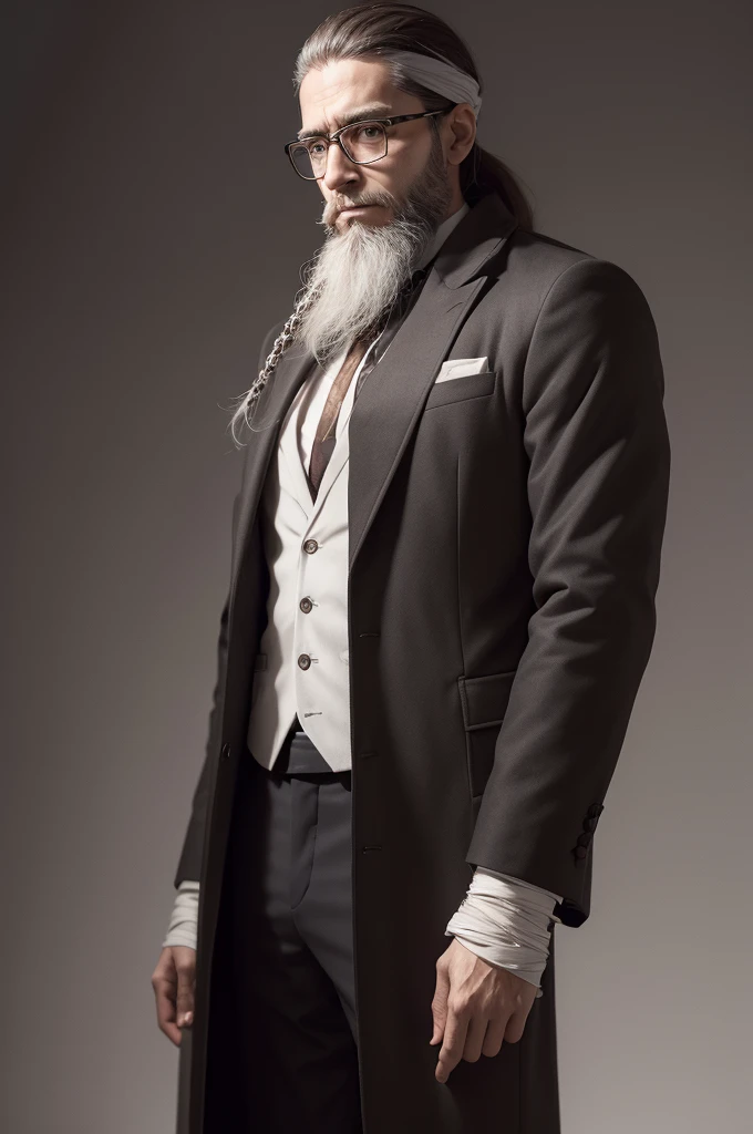 A slim man with a mechanical right arm, long beard and hair, wearing glasses, with the rest of the body bandaged and wearing a coat