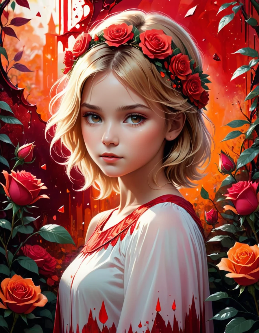 Aviso positivo:
Compose a deeply emotional and visually striking image showing a young Norwegian girl in the Garden of Eden., con delicadas rosas al fondo. Incorporate abstract art elements with an aspect ratio of 1..6 y un efecto de vidrio roto, Conveying shattered memories and a red-tinted background with vivid shades of red., NARANJA, and ebony. Para enciar el impacto emocional., incluyen espinas de rosas goteando sangre, contribuyendo a la belleza general y la naturaleza evocadora de la pieza.. Utilice elementos hiperdetallados e intrincados, bringing the final image to life with 8K HDR and cinematic lighting. The dramatic atmosphere enhances the overall detailed and high-quality nature of this stunning work of art..