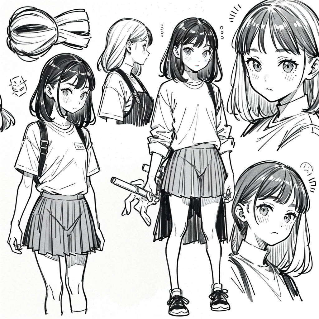 One Girl,Line art,Monochrome,sketch,Pencil drawing,Traditional Media,One Girl, skirt,Cute Teenage Girls, ,Beautiful portrait、Delicate body、Black Hair、Black Hair,landscape,Black and White