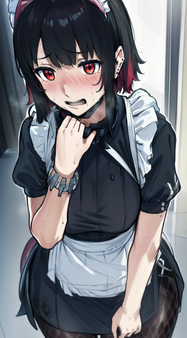 1girl,((black hair))
BREAK ((ellen joe, black hair, colored inner hair, multicolored hair, (red eyes:1.3), red hair, short hair, two-tone hair,apron, black pantyhose, black shirt, black skirt, ear piercing, fins, fish tail, maid, maid apron, maid headdress, pantyhose, piercing, puffy short sleeves, puffy sleeves, shark girl, shark tail, shirt, short sleeves, skirt, tail, two-tone hair, wrist cuffs,:1))
BREAK ((sweating,blushing,open mouth,tougue out:1.6))
BREAK indoors,
BREAK looking at viewer,
BREAK (masterpiece:1.2), best quality, high resolution, unity 8k wallpaper, (illustration:0.8), (beautiful detailed eyes:1.6), extremely detailed face, perfect lighting, extremely detailed CG, (perfect hands, perfect anatomy),