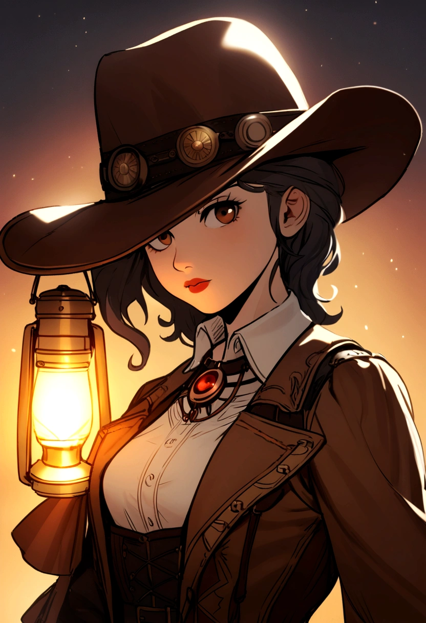 Garota LOURA com chapéu de cowboy holding an flashlight GREENlight e fogo, holding an flashlight, cowgirl, girl under lantern, western cowgirl, dressed as a western sheriff, vaca-menina, young girl in steampunk clothes, female cowgirl, , Directed by: Linda Sutton, the , lighting, Photo from , wearing a cowboy hat, next generation, robust portrait , sheer shirt