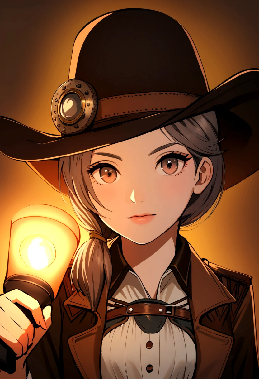 Garota LOURA com chapéu de cowboy holding an flashlight GREENlight e fogo, holding an flashlight, cowgirl, girl under lantern, western cowgirl, dressed as a western sheriff, vaca-menina, young girl in steampunk clothes, female cowgirl, , Directed by: Linda Sutton, the , lighting, Photo from , wearing a cowboy hat, next generation, robust portrait , sheer shirt