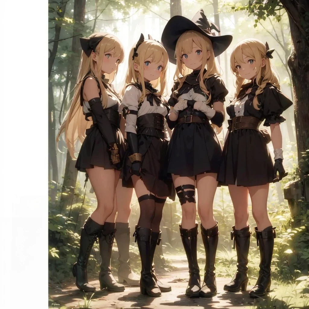 a group of beautiful witch girls in the middle of a forest in the night, tribal tattoo ,multiple girls , blonde hair , standing girl young girl, gloves, elbow pads, boots, smiles, small breasts,