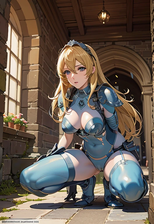 best quality, official art, masterpiece, textile shading, HDR, very detailed, colorful, best details, fantasy, battle suit,1 female, 25 years old, best quality, official art, masterpiece, textile shading, HDR, very detailed, colorful, best details, fantasy, battle suit,1 female, 25 years old, standing on stairs,A castle town with an old castle view, sunny,choppy hair, big breast, skinny,Surrounded by a large crowd:1.9、Confetti flutters、Blessed、Being welcomed:1.5、cameltoe:1.3, looking back, ground level shot:1.9,squatting, open legs,