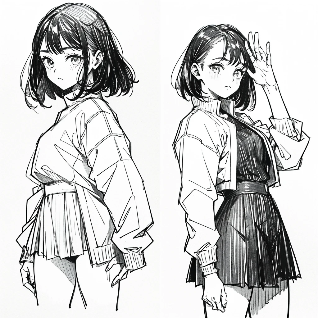 One Girl,Line art,Monochrome,sketch,Pencil drawing,Traditional Media,One Girl, skirt,Cute Teenage Girls, ,Beautiful portrait、Delicate body、Black Hair、Black Hair,landscape,Black and White