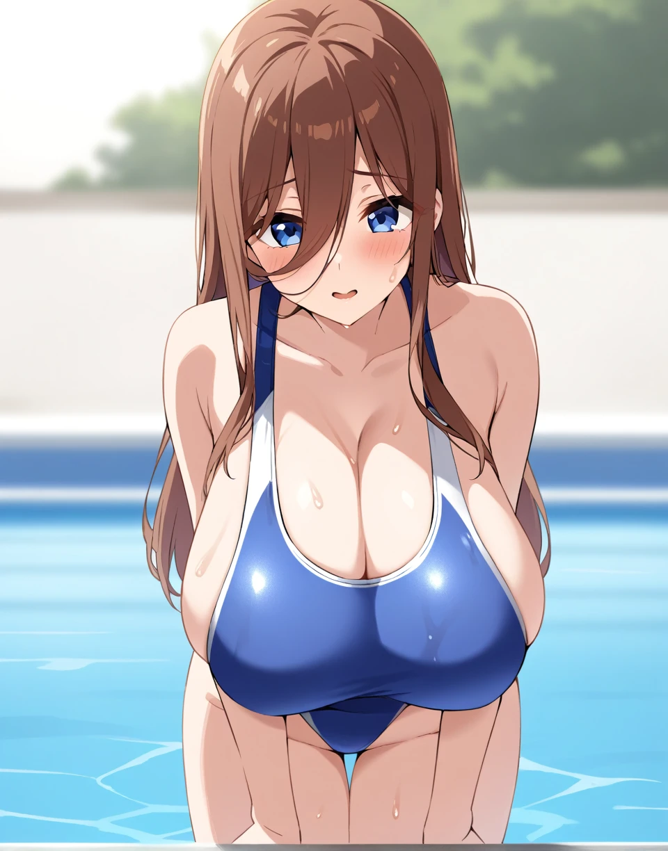 Highest quality、masterpiece、Large breasts、Small waist、Brown Hair、blue eyes、Long Hair、blue competition swimsuit、 One Girl、Poolside