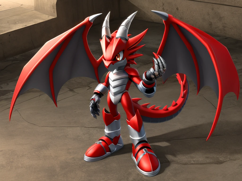 Dragon, male, red color, brown eyes, shoes metal with red