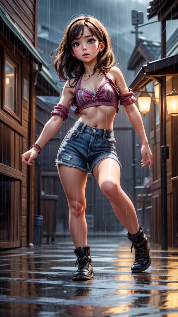 ((A dynamic breaking dance battle between two girls in the rain)), onlookers gathered around, beautiful detailed eyes, beautiful detailed lips, extremely detailed eyes and face, long eyelashes, flowing wet hair, dynamic poses, intricate choreography, dramatic lighting, outdoor stage, (best quality,4k,8k,highres,masterpiece:1.2),ultra-detailed,(realistic,photorealistic,photo-realistic:1.37),cinematic composition,vibrant colors,dramatic chiaroscuro lighting