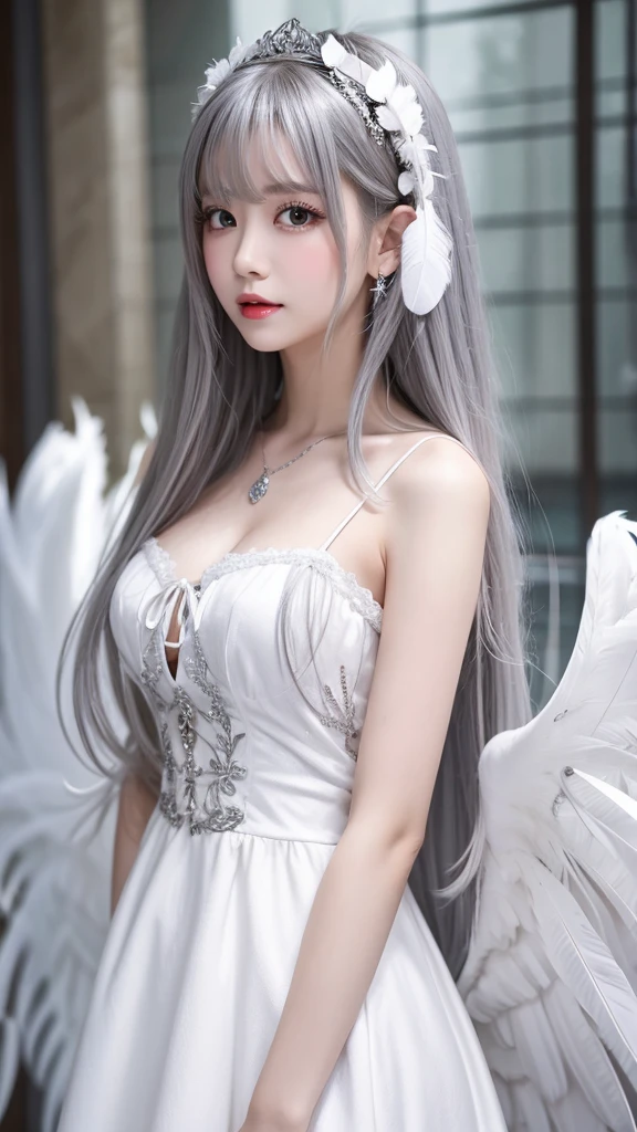 ta,big_chest,Long silver hair ,White dress, Wings with feathers