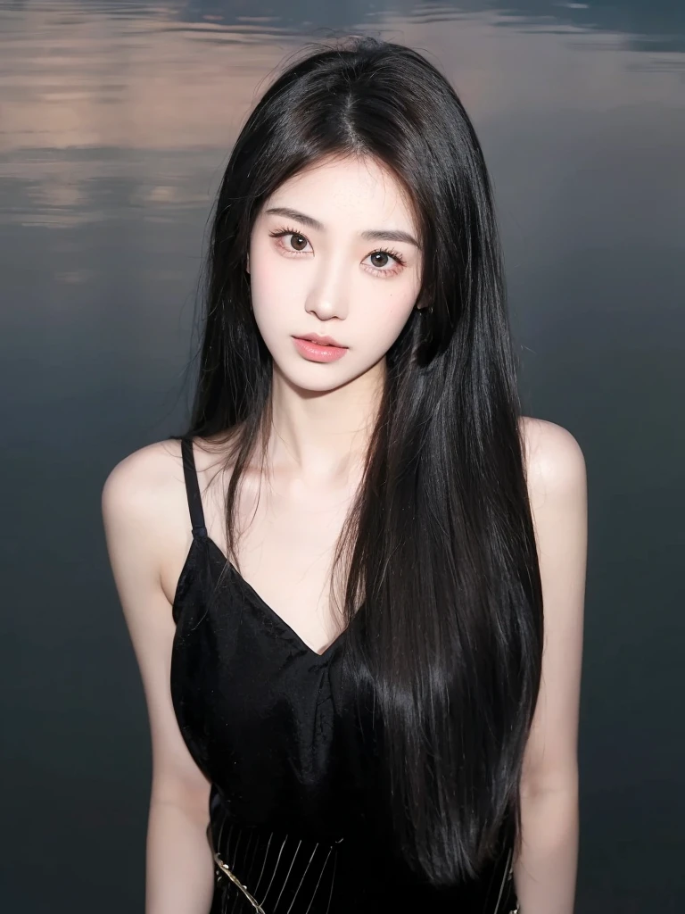 Middle-parted bangs and long straight hair,Hair dark brown,Natural and beautiful hair,Background simple and clean beautiful lakeside