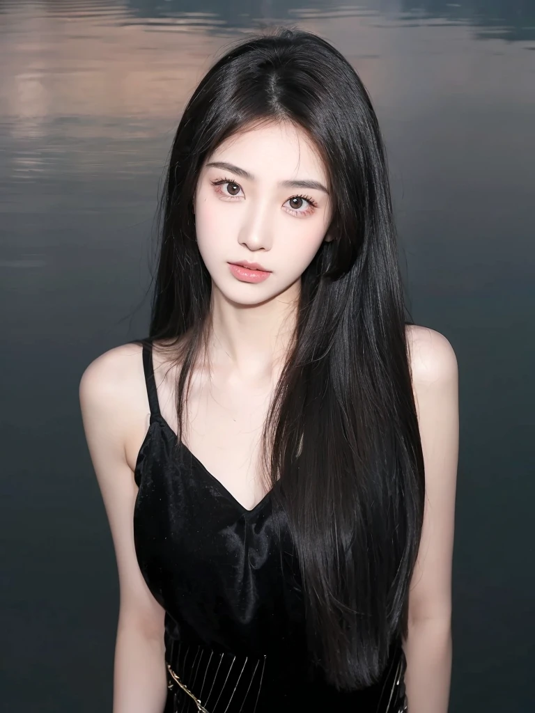 Middle-parted bangs and long straight hair，Hair dark brown，Natural and beautiful hair，Background simple and clean beautiful lakeside