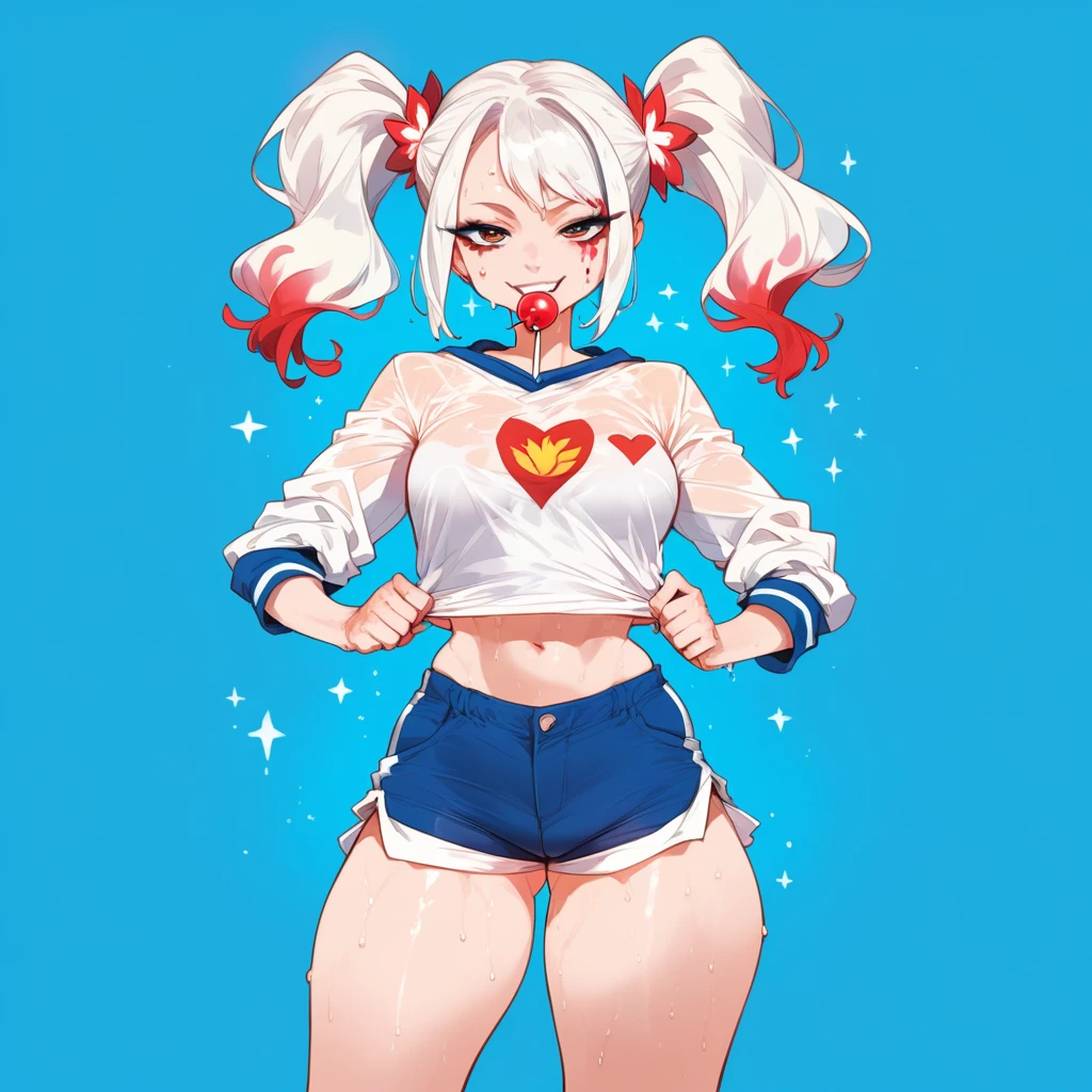 mixed_artwork style, neckleace, sweaty,
1 girl, standing alone, hands, Asian, thick, short white blouse tied, big neckleace, short shorts, ink eyes, white hair highlights, twin tails, Details of the lotus flower, sarcastic smile, star and heart touch, Efeitos, sfw, Lollipop in mouth, big  