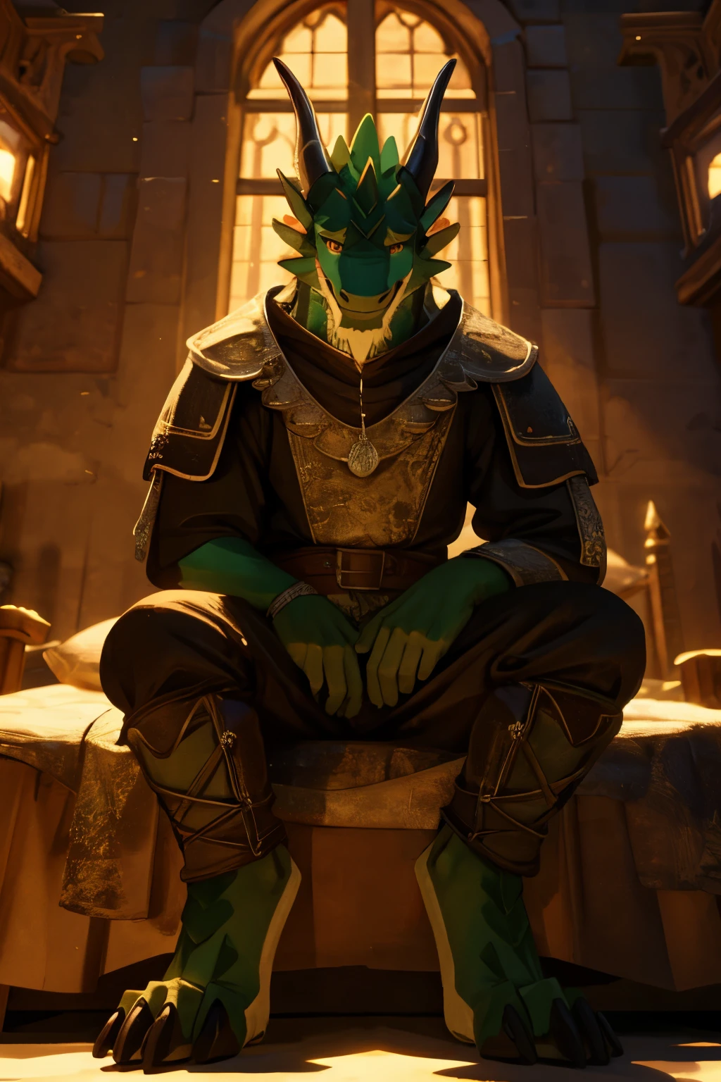 (masterpiece, 4K, ultra detailed)massive green dragon, tight medieval clothing, welcoming smile, Sitting on the bed, cinematic lighting, crisscrossed legs, showing you his paws