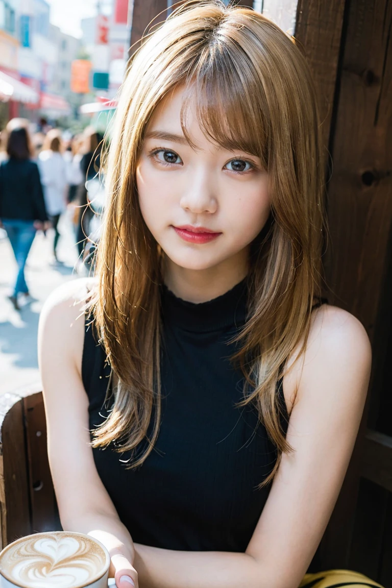 (Highest quality, 8K quality, masterpiece:1.3), (Ultra-high resolution, Photorealistic:1.4, RAW Photos), (Very detailed, Caustics, Detailed Background), (Ultra-Realistic Capture, Beautiful and detailed skin, Perfect Anatomy), whole body, Urban café terrace, Bright and very beautiful face, Younger, brighter, whiter skin, Best Looks, The most beautiful light blonde hair in the world, Thin Hair, Super long, silky straight hair, Shiny beautiful bangs, Shining, clear, big blue eyes, A very beautiful and adorable 16 year old, The most beautiful girls in the world, Fashionable casual fashion, Happy smile, Coffee cup in hand、A scene where you are talking to friends。