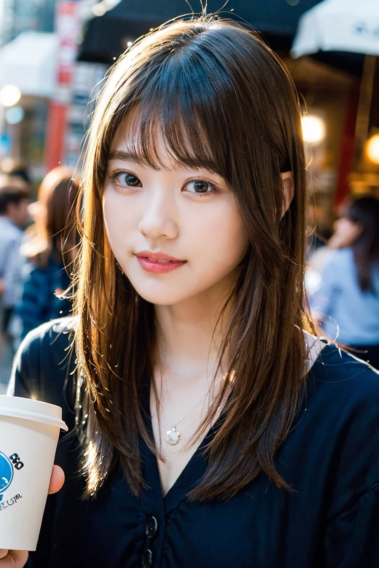 (Highest quality, 8K quality, masterpiece:1.3), (Ultra-high resolution, Photorealistic:1.4, RAW Photos), (Very detailed, Caustics, Detailed Background), (Ultra-Realistic Capture, Beautiful and detailed skin, Perfect Anatomy), whole body, Urban café terrace, Bright and very beautiful face, Younger, brighter, whiter skin, Best Looks, The most beautiful light blonde hair in the world, Thin Hair, Super long, silky straight hair, Shiny beautiful bangs, Shining, clear, big blue eyes, A very beautiful and adorable 16 year old, The most beautiful girls in the world, Fashionable casual fashion, Happy smile, Coffee cup in hand、A scene where you are talking to friends。