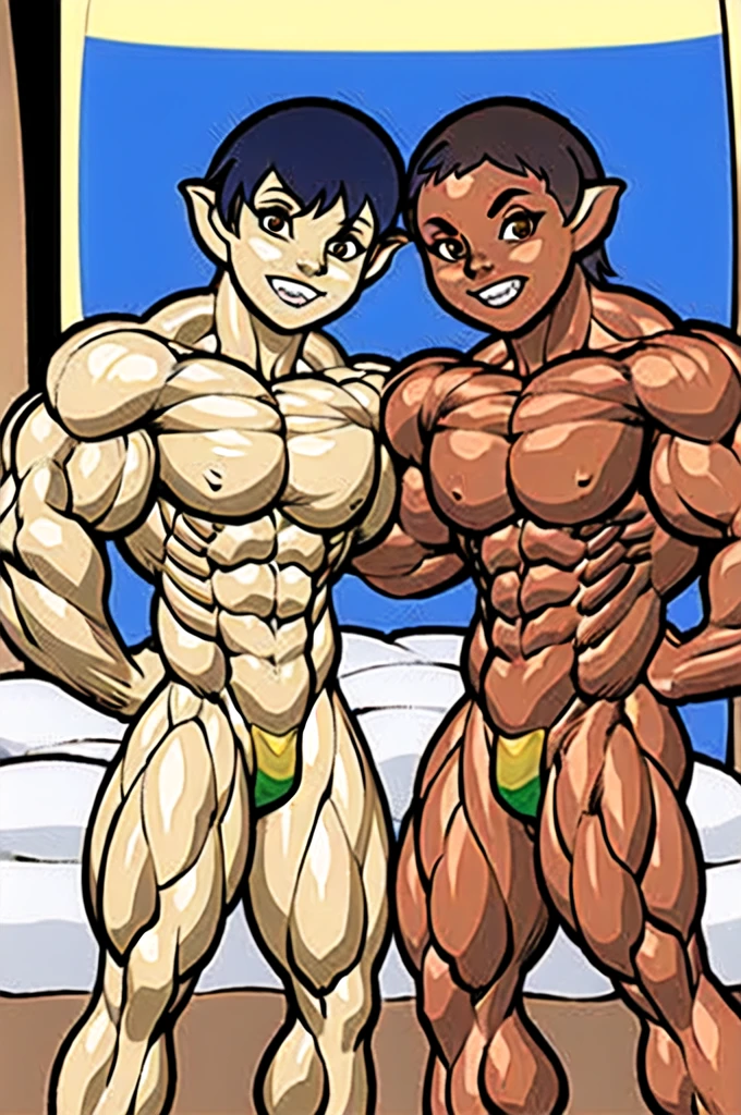 (Toned body) ABS(muscular:1.5)1 chico , Boy , SMILE , colored skin, BLUE THONG, lan hikari , Brown hair, Brown eyes ,inside, bed, on bed, shiny skin, (White skin:1.6)