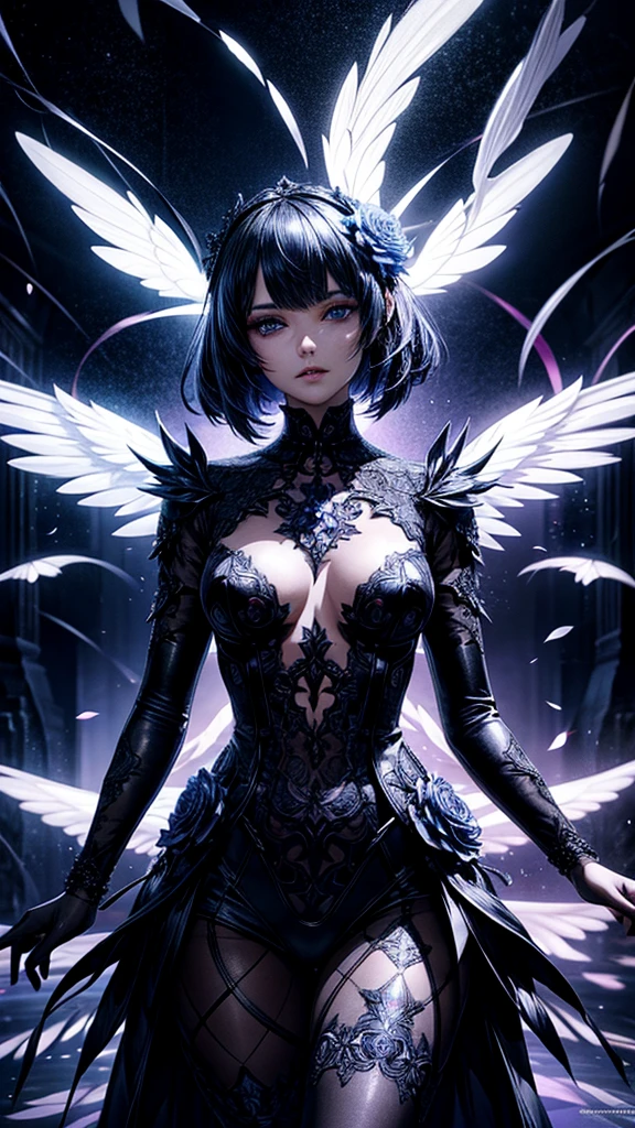 a beautiful flower angel, futuristic gothic style, extremely detailed face and body, anime-inspired, photorealistic, cinematic lighting, intricate floral patterns, ethereal wings, dramatic pose, moody color palette, volumetric light effects, hyper-realistic textures, ornate gothic architecture, stunning digital art