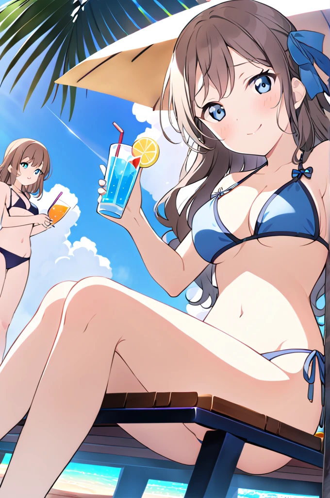 Sakurazaka Shizuku　Brown Hair　Long Hair　Light blue eyes　Big hair ribbon　(１People Girls)　Light blue bikini　　Drink a drink　Sit on a bench　Strong sunlight　Sweaty　Beach　sun　smile　cloud　rainbow　Parasol