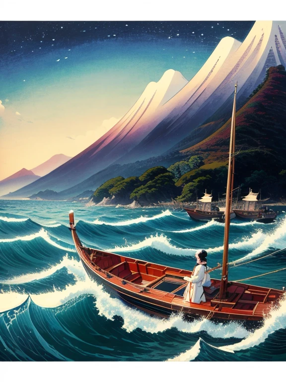 (Highest quality、masterpiece、High resolution、8K)、Ukiyo-e、Katsushika Hokusai、Fuji Mountain、White waves of the sea、Boat、Official Art、