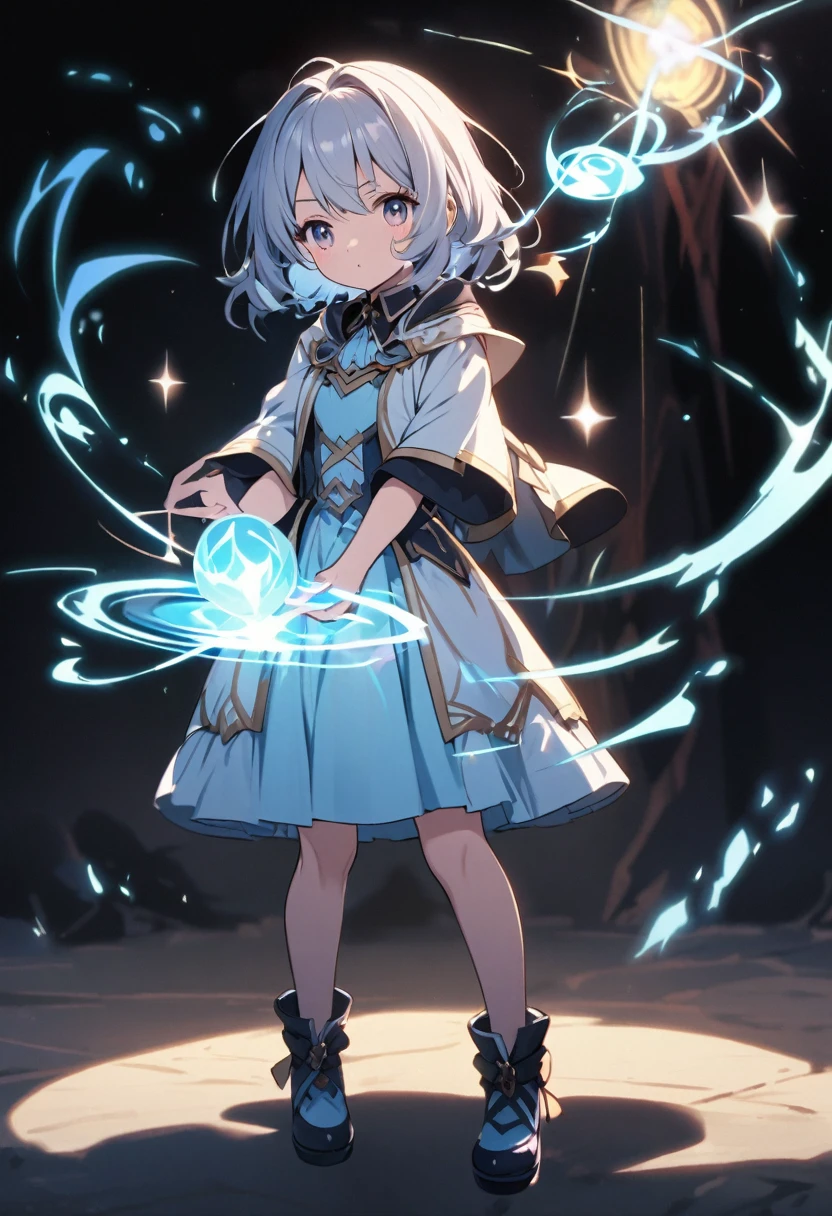 A cute young girl uses magic, standing full body.