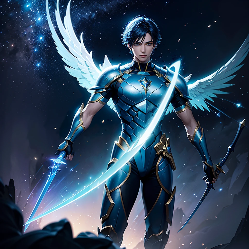 a beautiful male angel, short hair, glowing yellow aura, blue aura, holding a sword, remaking galaxy with sword swings, highly detailed, cinematic lighting, vibrant colors, dramatic composition, digital painting, concept art, award winning, 8k, photorealistic