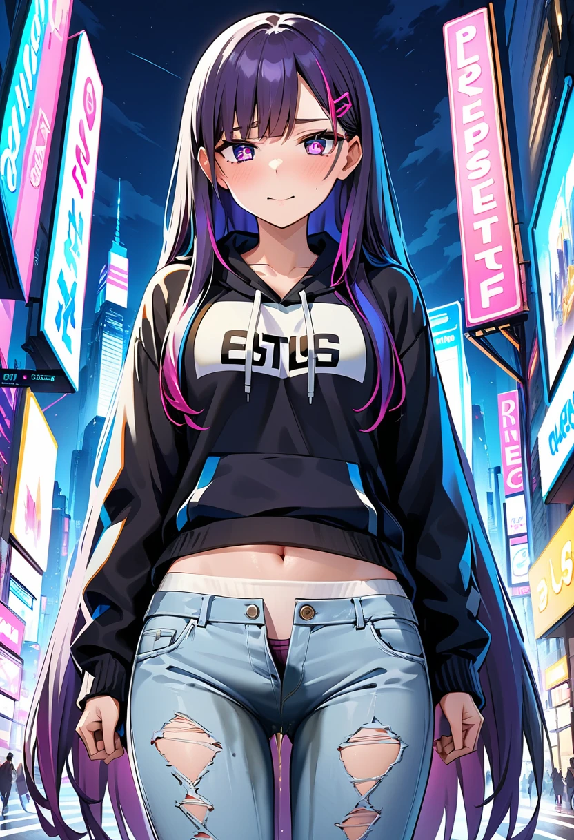 (masterpiece:1.37), best quality, (extremely detailed:1.37), woman, (very long hair:1.5), dark purple hair, purple eyes, (extremely detailed eyes:1.37), hoodie, navel, jeans, open fly, (desperation:2.0), (wetting: self 3.0), standing, embarrassed, humiliation, blushing, angry, city, futuristic, neon lighting, high-tech