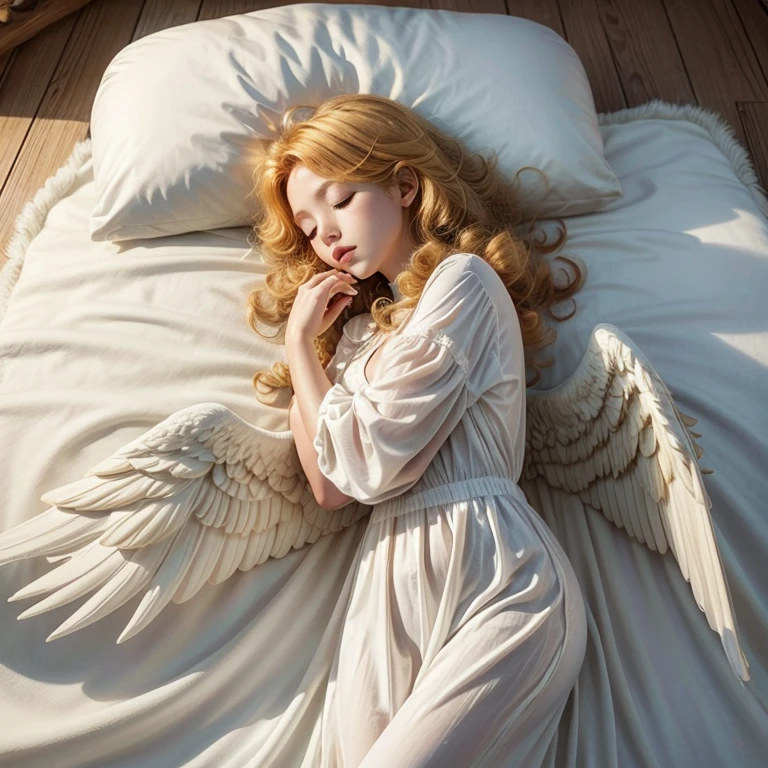 Angel, curly yellow hair, long golden wings, white clothes, sleeping on a cloud