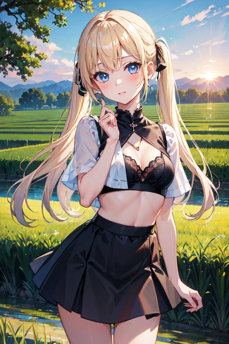 Absurd, Ultra-detailed,Bright colors, Very beautiful and detailed anime faces and eyes, View from the front, ;d, Shiny_skin,Age 25, , Sheer white 、Black socks、Checkered skirt Stylish bra, Asymmetrical bangs, Blonde hair in short pigtails, Shiny髪, Boobs  Delicate Beautiful Face, blush、(Deep blue eyes:1.3)、evening、There are many rice fields, Sunset over many fields、Orange View、Small Necklace、