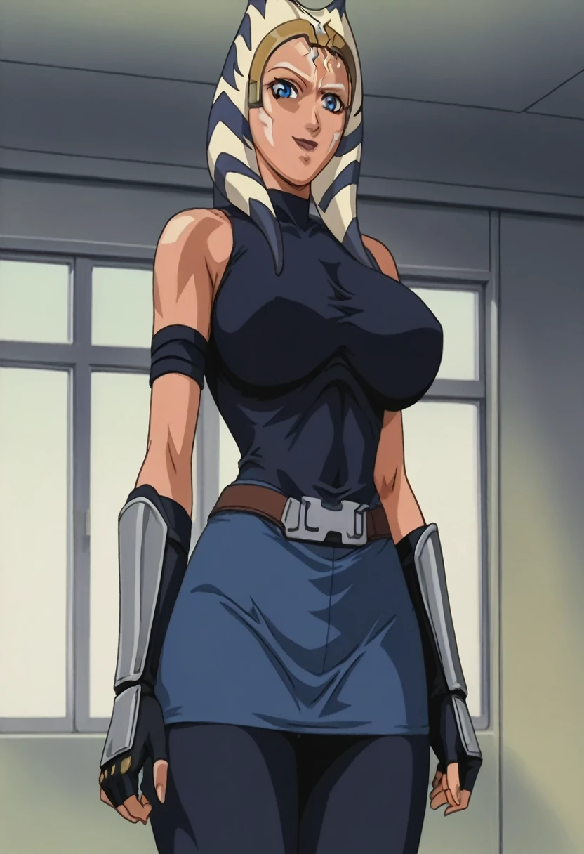 score_9, score_8_up, source_anime Bibl3, (masterpiece, best quality, ultra-detailed), AhsokaTano, orange skin, blue eyes, makeup, huge breasts, heavy breasts, blue shirt, vambraces, fingerless gloves, hip armor, wide hips, blue skirt, blue leggings, looking at viewer, indoors, sexy, smile