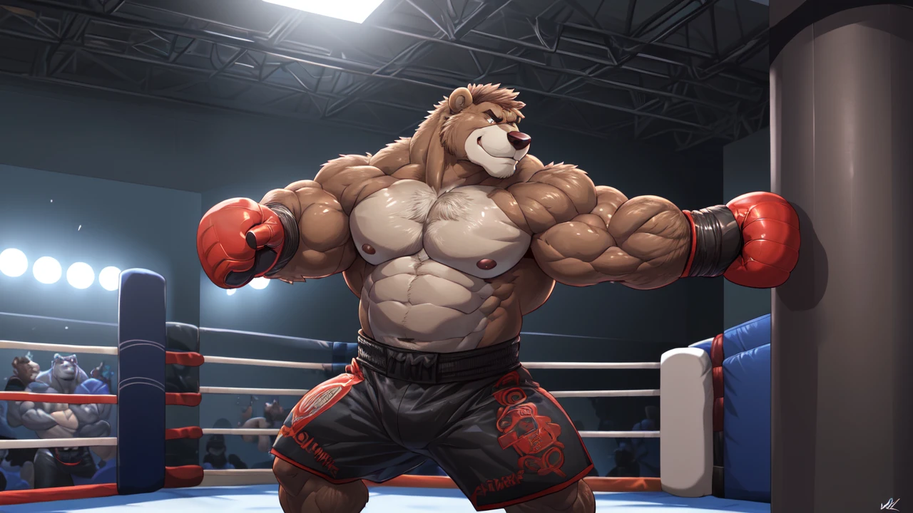 ((solo)), (anthro:1.2) bear (lora; baloo), adult, (athletic:1.4), (dense muscles), (super strong:1.4), (correct anatomy:1.2), (broad shoulders:1.2), (heavy build, massive body:1.6), (realistic fur, detailed brown fur texture:1.3), kickboxing martial arts tournament background (corner of the kickboxing MMA ring:1.6), photorealistic, (black compression shorts), (bare torso:1.4), (footwear:1.2), (detailed kickboxing martial arts black shorts), hyperrealistic, ultradetailed, (by wfa:1.2), (by takemoto_arashi, by vorusuarts, by Traver009:1, by grimfaust:1), natural lighting, (oiled up:1.4), ursine head (open eyes, brown mane), (sexy:1.2), ((serious smirk:1.4) expression), (punching:1.4), (view from center:1.4)