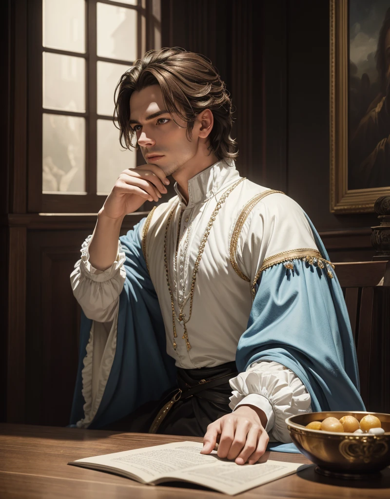 Image from motion picture film, Portrait of Christopher Marlowe, looking forward from position sitting, and in front of you a table, perfect front composition, white skin, piercing icy blue eyes, silky golden-brown hair, refined features, charp jawline, clean shaved, black Elizabethan velvet jerkin, white laced shirt, realism, high quality, 8 k artistic photography, in high trend of Artstation, soft, chiaroscuro, oil on canvas