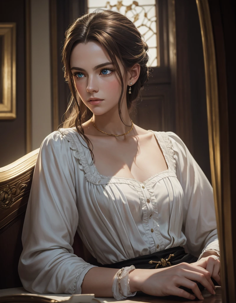 Image from motion picture film, Portrait of Christopher Marlowe, looking forward from position sitting, and in front of you a table, perfect front composition, white skin, piercing icy blue eyes, silky golden-brown hair, refined features, charp jawline, clean shaved, black Elizabethan velvet jerkin, white laced shirt, realism, high quality, 8 k artistic photography, in high trend of Artstation, soft, chiaroscuro, oil on canvas