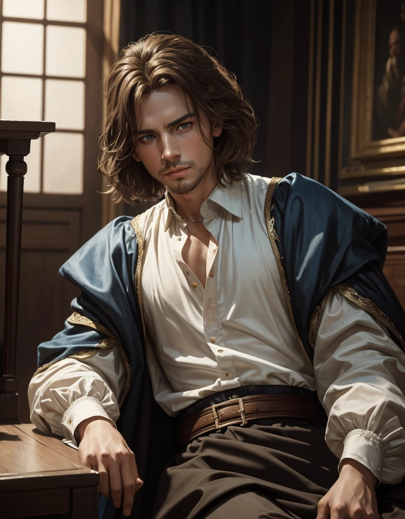 Image from motion picture film, Portrait of Christopher Marlowe, looking forward from position sitting, and in front of you a table, perfect front composition, white skin, piercing icy blue eyes, silky golden-brown hair, refined features, charp jawline, clean shaved, black Elizabethan velvet jerkin, white laced shirt, realism, high quality, 8 k artistic photography, in high trend of Artstation, soft, chiaroscuro, oil on canvas