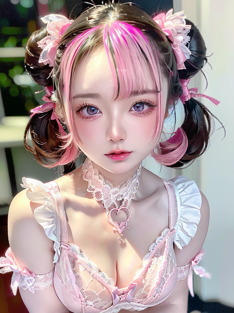 ((Highest quality)),(Ultra-high resolution),(Very detailed),(Detailed Description),((The best CG)),(masterpiece),Very detailedなアート、Small breasts、Whitening 1.5、Translucent white skin、(((Pink lace bra 1.5)))、High Leg 1.4、Ribbon hair ornament、(((Twin Tail Hairstyle 1.5)))Tying up hair、Glitter Necklace、Ultimate Beauty 1.5、((( Place your right hand on your mouth 1.5)))、(((Mid-shot photo 1.5)))