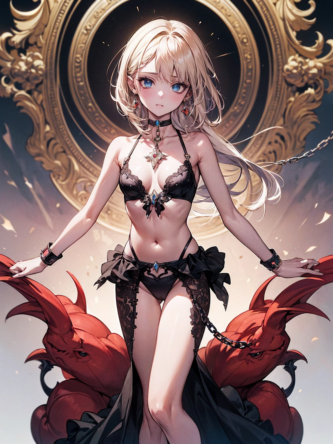 (Highest quality)),(Ultra-high resolution),(Ultra-detailed),(Detailed depiction),((Best Anime)),(A masterpiece),Sharpness,Claire,Ultra-precise art,modern art, (Devilish beauty),Glamorous Body,Small waist,belly button,((Fascinating Fashion)),choker,Chain Accessories,Earrings
