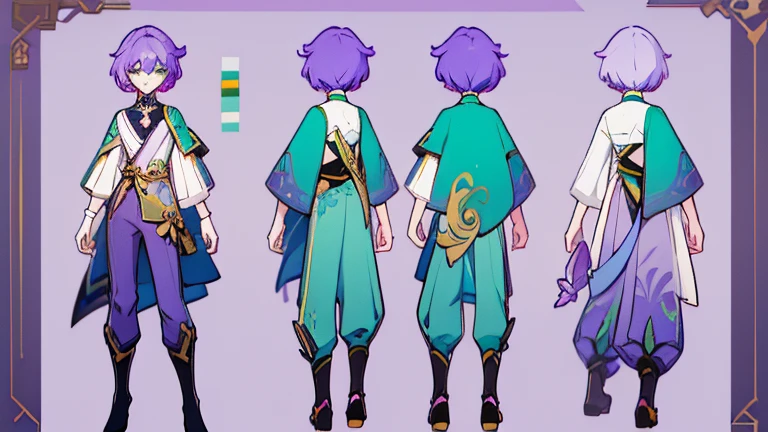 (Masterpiece, best quality), detailed, 1 woman, ((character concept art)), ((character design sheet, same character, front, side, back)), full body, body complete, 1 female, 1 women. Detailed face, character design sheet full body, Highly detailed, character sheet, character design, Many parts, pale skin, green eyes, short purple hair, male hairstyle, short male hair, lavender flower, lavender flower reference, lavender flower character reference, lavender flower inspired, male clothes, flat chest, Solarpunk, Solarpunk reference, Solarpunk inspired outfit, pants, white, gold, pastel purple, dark green, cyan palette.
