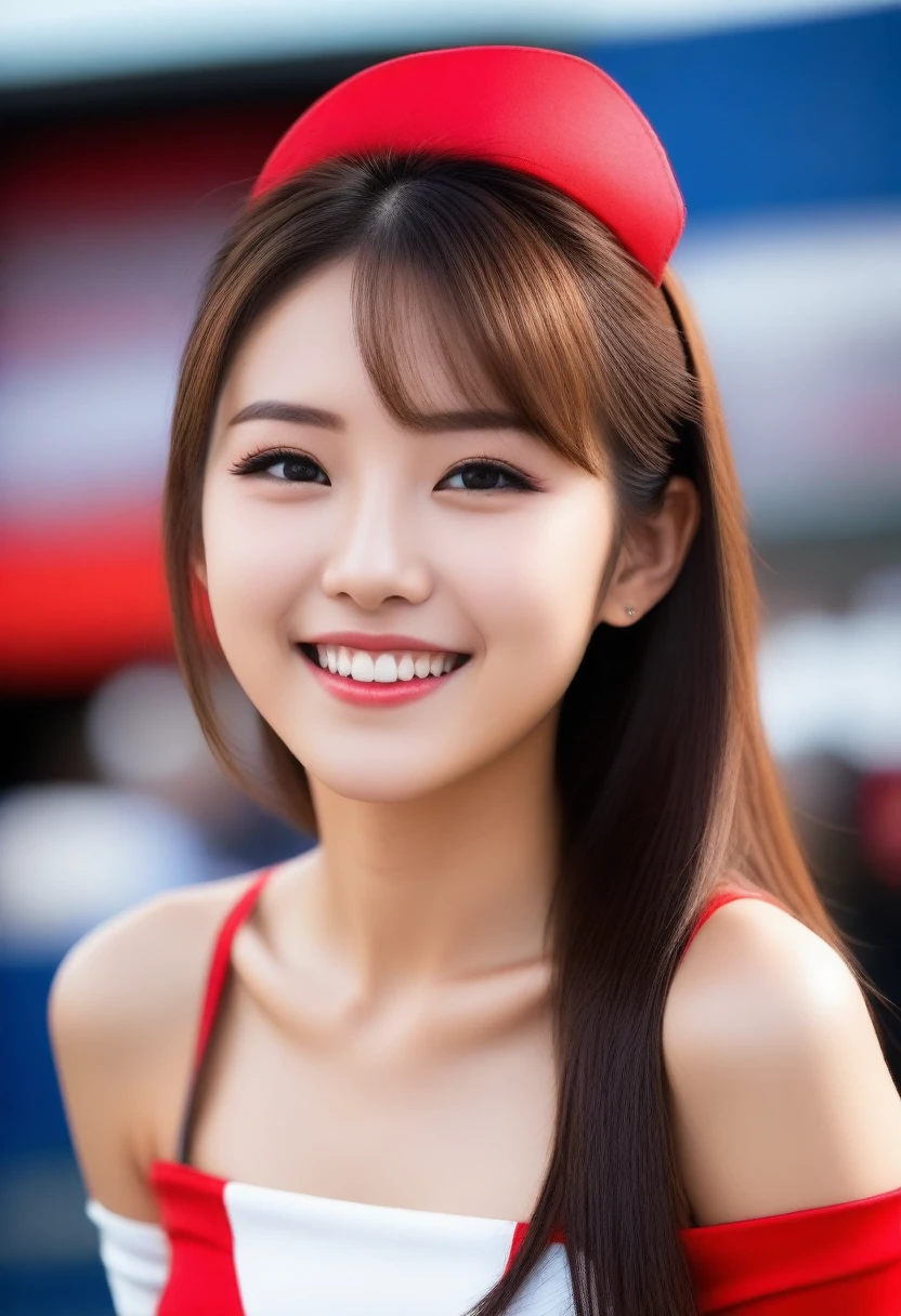 8K, Ultra-high resolution, Highest quality, masterpiece, 三分割法によるphotograph,Surreal, photograph, 1 Girl, (16 years old:1.3), pretty girl, Cute face, Beautiful eyes in every detail, 細かくdetailedに,masterpiece,, One Girl:1.2, Japan Female Announcer, blue sky, Confetti, Racing Car, flag, Small face, Very delicate facial expressions, Delicate eye depiction, Very fine hair, Upper body close-up, erotic, The only sexy Japanese woman, Healthy body shape, 16 years oldの女性, Race Queen, Sexy long legs, Glowing Skin, Soft Skin, 派手なRace Queenのコスチューム, Bra Top,Red tight skirt, White Leather Long Boots, Auto Racing Track,Beautiful leg line beauty,Captivating thighs,Full of sex appeal,Sensual,A carefree smile,Heal the heart,Short ponytail、beauty,Long neck、Laugh a little、Please close your mouth and laugh、(((Ideal body type))),A cup small breasts :2,、Portraiture:2、Perfect Anatomy、鮮明なdetailed、detailed、Surreal、Light and shadow,Strong light
