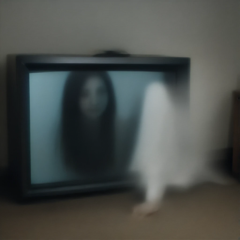 horror film, yamamura sadako, A ghost crawling out of a small static-lit CRT television through a portal,  A perfect smile、Mischievous smile、Lighting screen,Face the viewer, (Crawling Pose),Large, fully furnished living room, both hands on the floor, bending over in Crawling Pose with two hands press on the floor ,  "To Heheh" and "ring,"Super long black hair,Faces scarred by decay, Covered in scars, and eyes bearing the scars of burns,Wearing a white robe, ,,Crouch down from the frame of the TV screen, ugly, Hate Speech,,Creepy look, ((An old water well and forests shown in the lighting tv screen frame)). An eerie light emanates from the TV screen, Casts an ominous shadow on the wall. Her eerie appearances begin. Half came out, Her ghostly fingers grip the ground, blurring the lines between the digital and the physical,  